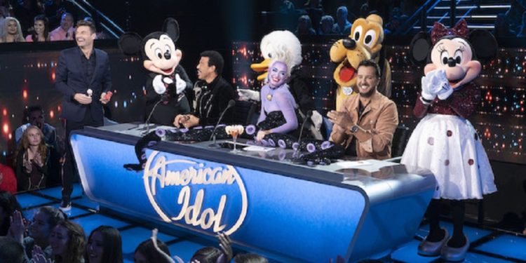 AMERICAN IDOL - "214 (Disney Night)" - "American Idol"'s Top 10 contestants head to The Happiest Place On Earth, Disneyland Park in Anaheim, California, to prepare for the next phase of the competition, Disney Night. The finalists will be joined by celebrity mentor Rebel Wilson, who will offer up her pitch-perfect expertise as the superstar hopefuls prepare for their Disney-themed performances. All-star judges Katy Perry, Luke Bryan and Lionel Richie will perform a timeless Disney song in Disneyland Park's Fantasyland. The Top 10 will then return to the iconic Idol stage in Los Angeles to perform fan-favorite Disney songs, in hopes of winning America's heart and vote for a spot in the Top 8. Joining the Top 10 to perform the beloved song "Part of Your World" from Disney's "The Little Mermaid" is singer and actress Lea Michele. Also, America's sweethearts, ABC's Season 1 "American Idol" winner, Maddie Poppe, and runner-up Caleb Lee Hutchinson, return to the stage to sing a Disney classic during a special duet performance. The magic takes place SUNDAY, APRIL 21 (8:00-10:01 p.m. EDT/5:00-7:01 p.m. PDT), on The ABC Television Network. (ABC/Eric McCandless)
RYAN SEACREST, MICKEY MOUSE, LIONEL RICHIE, DONALD DUCK, KATY PERRY, PLUTO, LUKE BRYAN, MINNIE MOUSE