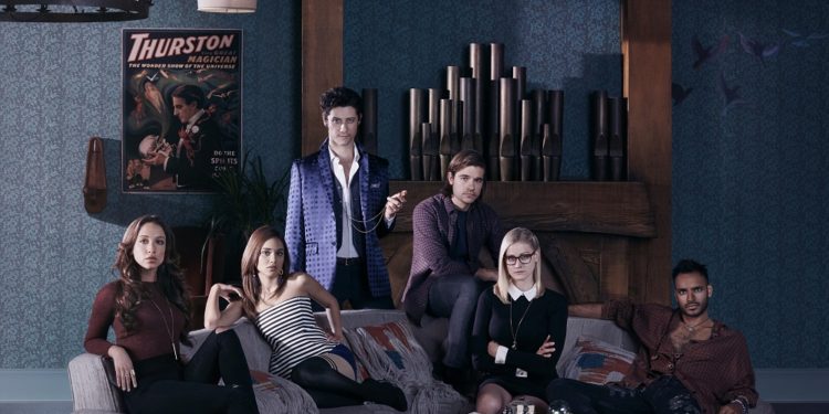 THE MAGICIANS -- Season:1 -- Pictured: (l-r) Stella Maeve as Julia, Summer Bishil as Margo, Hale Appleman as Eliot, Jason Ralph as Quentin, Olivia Taylor Dudley as Alice, Arjun Gupta as Penny -- (Photo by: Lorenzo Agius/Syfy)