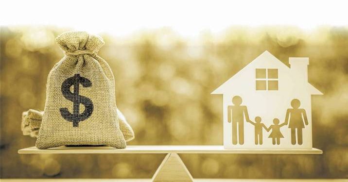Legacy / inheritance or death tax concept : US dollar bag, a house and family members e.g father, mother, son, daughter on a balance scale, depicts a tax paid by person who inherits money or property.
