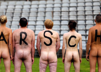 SENSITIVE MATERIAL. THIS IMAGE MAY OFFEND OR DISTURB    Naked footballers, who have letters written on their back which form the word "Ass", are seen before Germany v Netherlands soccer match in protest against what they say is increasing commercialization of professional football, in Wuppertal, Germany September 6, 2020. REUTERS/Leon Kuegeler