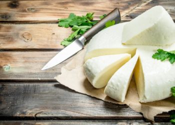 Soft cheese with a branch of mint. On a wooden background.