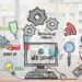 digital composite of business graphics with office background
