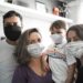 Portrait o family using face mask at home