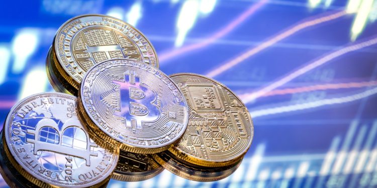 Bitcoin is a new concept of virtual money, the graphics and digital background. Coins with the image of the letter B. a Conceptual image of the world of digital cryptocurrency and payment system