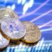 Bitcoin is a new concept of virtual money, the graphics and digital background. Coins with the image of the letter B. a Conceptual image of the world of digital cryptocurrency and payment system