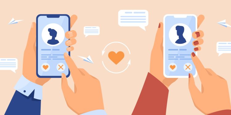 Hands of dating app users holding mobile phones. Single people looking for partners on internet. Flat vector illustration. Perfect match concept for banner, website design or landing web page