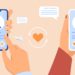 Hands of dating app users holding mobile phones. Single people looking for partners on internet. Flat vector illustration. Perfect match concept for banner, website design or landing web page