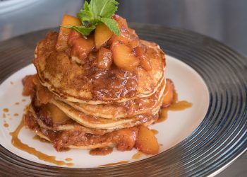Special Guest, Eric Greenspan's Lemon Ricotta Pancakes with Brown Butter Stone Fruit Compote with Amaretto Syrup, as seen on Guy's Ranch Kitchen, Season 1.