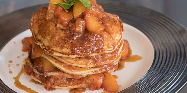 Special Guest, Eric Greenspan's Lemon Ricotta Pancakes with Brown Butter Stone Fruit Compote with Amaretto Syrup, as seen on Guy's Ranch Kitchen, Season 1.