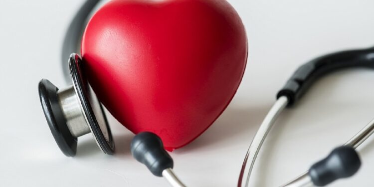 Closeup of heart and a stethoscope cardiovascular checkup concept