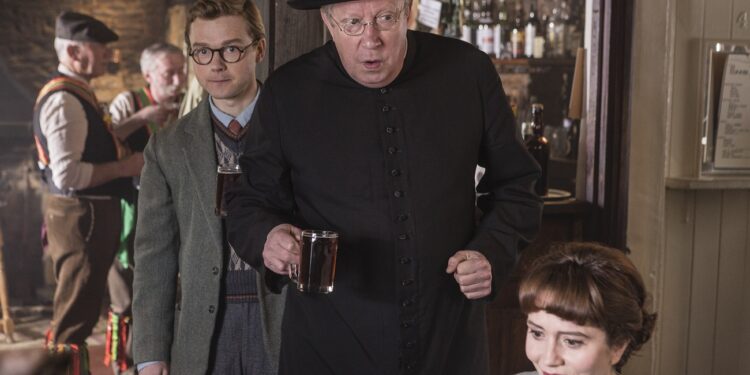 Picture shows_Jamie Cheeseman (JORDAN METCALFE), Father Brown (MARK WILLIAMS), Phoebe Sims (LAURA PYPER)
