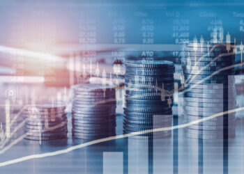 Double exposure financial indices and stock market in accounting market economy analysis with graph business concept background