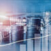 Double exposure financial indices and stock market in accounting market economy analysis with graph business concept background