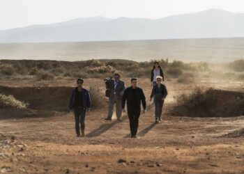 (L-R): Kingo (Kumail Nanjiani), Karun (Harish Patel), Ikaris (Richard Madden), Sprite (Lia McHugh), and Sersi (Gemma Chan) in Marvel Studios' ETERNALS. Photo by Sophie Mutevelian. © 2021 Marvel Studios. All Rights Reserved.