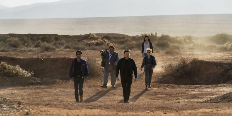 (L-R): Kingo (Kumail Nanjiani), Karun (Harish Patel), Ikaris (Richard Madden), Sprite (Lia McHugh), and Sersi (Gemma Chan) in Marvel Studios' ETERNALS. Photo by Sophie Mutevelian. © 2021 Marvel Studios. All Rights Reserved.