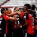 MANIZALES-COLOMBIA, 14–10-2020: Jugadores de Cucuta Deportivo, celebran el gol anotado a Once Caldas, durante partido de la fecha 14 entre Once Caldas y Cucuta Deportivo, por la Liga BetPlay DIMAYOR 2020, jugado en el estadio Palogrande de la ciudad de Manizales. / Players of Cucuta Deportivo, celebrate the scored goal to Once Caldas, during match of 14th date between Once Caldas and Cucuta Deportivo, for the BetPlay DIMAYOR Leguaje 2020 played at the Palogrande Stadium in Manizales city. / Photo: VizzorImage / JJ Bonilla / Cont.
