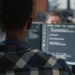 Portrait of african american programer online cloud computing on laptop sitting at desk with multiple screens parsing code. Over shoulder view of app developer working on user interface.