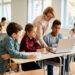 Elementary teacher and her students using laptop during computer class at school.