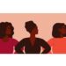 Three strong African women stand together. Concept of fighting for equality and female empowerment movement. Vector horizontal banner.