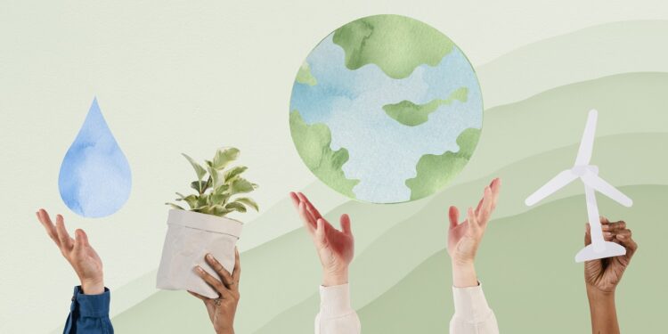 Hand presenting earth sustainable environment remix