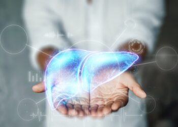 The doctor has a liver hologram in his arms. Human hepatitis treatment business concept, donation, disease prevention, online diagnosis