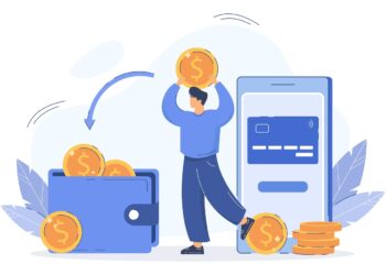 Flat man paying online and receiving cashback to e-wallet. Bonus money or reward back on credit card for purchase. Coins transfer from smartphone to wallet. Cash refund. Financial savings concept.