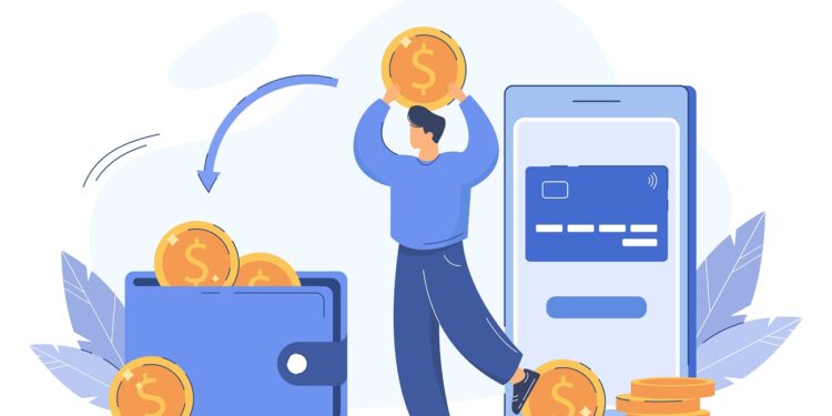 Flat man paying online and receiving cashback to e-wallet. Bonus money or reward back on credit card for purchase. Coins transfer from smartphone to wallet. Cash refund. Financial savings concept.