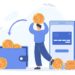 Flat man paying online and receiving cashback to e-wallet. Bonus money or reward back on credit card for purchase. Coins transfer from smartphone to wallet. Cash refund. Financial savings concept.