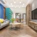 3d rendering modern dining room and living room with luxury decor and green sofa