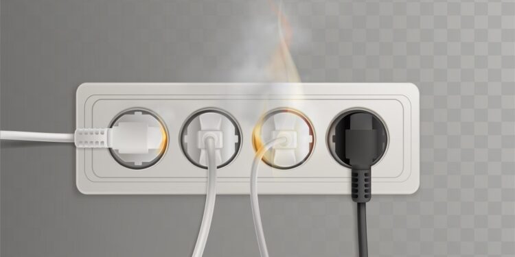 Flaming power plugs in horizontal electrical socket realistic vector illustration isolated on transparent background. Short circuit in outlet because of overload, bad wiring concept. Home fire cause