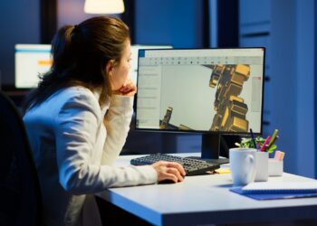 Tired woman architect working on modern cad program overtime sitting at desk in start-up office. Industrial female engineer studying prototype idea on pc showing cad software on device display