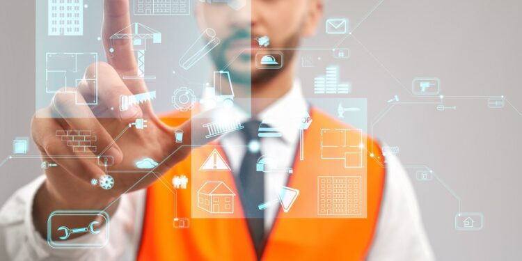 Close up of architect wearing reflective vest and helmet. Selective focus of digital tactile charts screen, man touching virtual icon on projection. Concept of digitalization, construction.