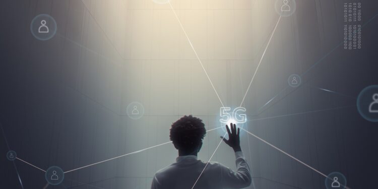 5G connection technology background with man using futuristic virtual screen digital remix