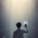 5G connection technology background with man using futuristic virtual screen digital remix