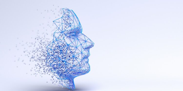 Abstract human face, 3d illustration of a head constructing from cubes and triangles, artificial intelligence concept; Shutterstock ID 1840347628; ordering_party: -; job_project: -; purchase_order: -; other: -