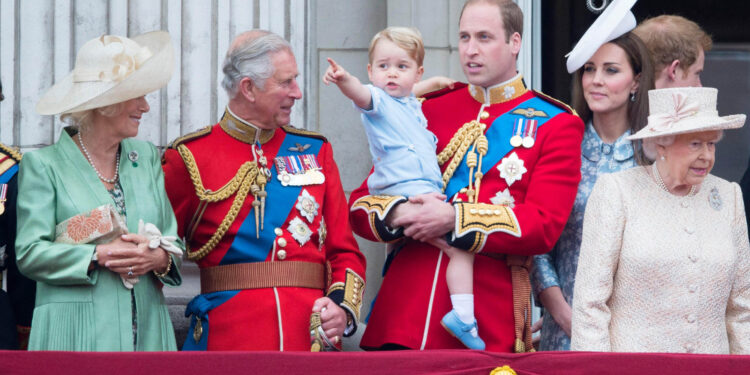 ETJMRC Camilla (L-R), Duchess of Cornwall, Prince Charles, Prince George, Prince William, Duke of Cambridge, Catherine, Duchess of Cambridge and Queen Elizabeth seen on the balcony of Buckingham Palace, central London 13 June 2015 following the Trooping the Colour ceremony which mark's Queen Elizabeth II's official birthday. Photo: Patrick van Katwijk/ POINT DE VUE OUT - NO WIRE SERVICE -