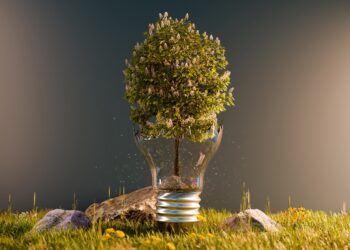 realistic tree in broken bulb, environment and technology concept. 3d illustration rendering