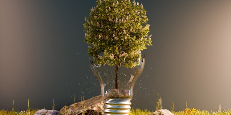 realistic tree in broken bulb, environment and technology concept. 3d illustration rendering