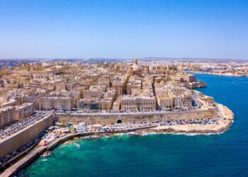 An aerial shot of the ancient city Valletta in Malta
