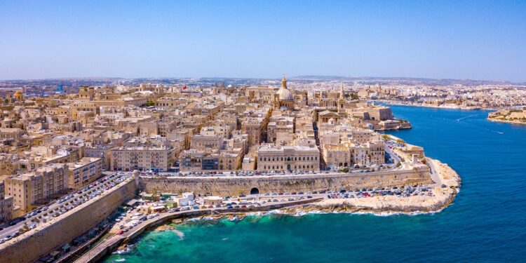 An aerial shot of the ancient city Valletta in Malta