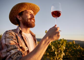 Low angle of cheerful male oenologist standing with glass of red wine in garden in sunset and digestating tasty drink