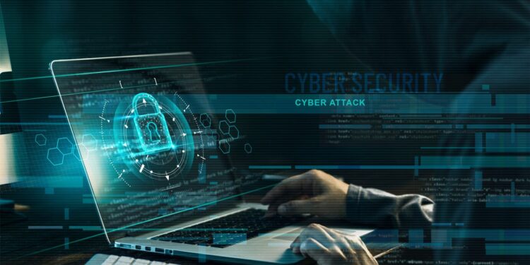 Cyber security concept. Internet crime. Hacker working on a code and network with lock icon on digital interface virtual screen dark digital background.