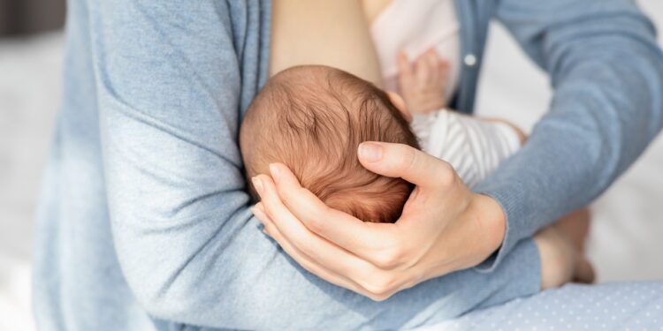 Lactation Concept. Closeup Shot Of Unrecognizable Woman Breastfeeding Newborn Baby At Home, Supporting His Head With Hand, Infant Child Eating Mom's Breast Milk, Cropped Image