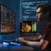 Profile view portrait of young guy data scientist working at pc at home late night, debugging script cyber space error, isolated on wall with zoomed digital page