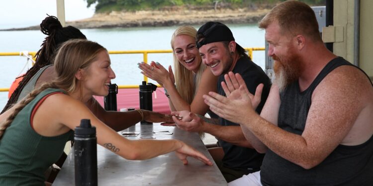 Maddie, Russell, Elliot, LaShanna & Summer S playing cards on the boat