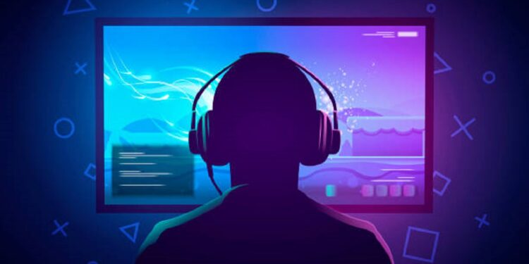Vector Illustration Young Gamer Sit In Front Of A Screen And Playing Video Game. Wearing Headphone.