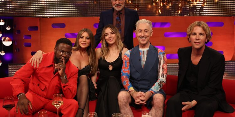EDITORIAL USE ONLY. Graham Norton with (L-R), Kevin Hart, Sofia Vergara, Jodie Comer, Alan Cumming and Tom Odell  during the filming for the Graham Norton Show at BBC Studioworks 6 Television Centre, Wood Lane, London, to be aired on BBC One on Friday evening. Picture date: Thursday January 11, 2024. Photo credit: Isabel Infantes/PA Wire