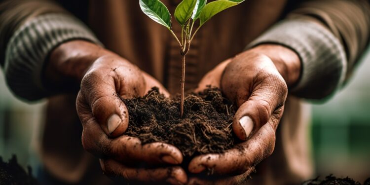 A person holding a small plant in their hands. Generative AI. Planting trees for green sustainable future.