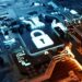 Digital cloud and network security. 3D computer hardware illustration.