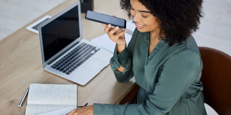 Business woman, phone and voice recording for telecommunication, consultation or advice at the offi.